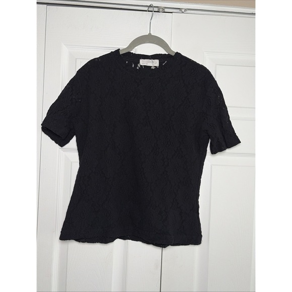 Illusion Knits Tops - Illusion Knits Floral Lace‎ Blouse Womens Size L Black Lace Coquette Victorian